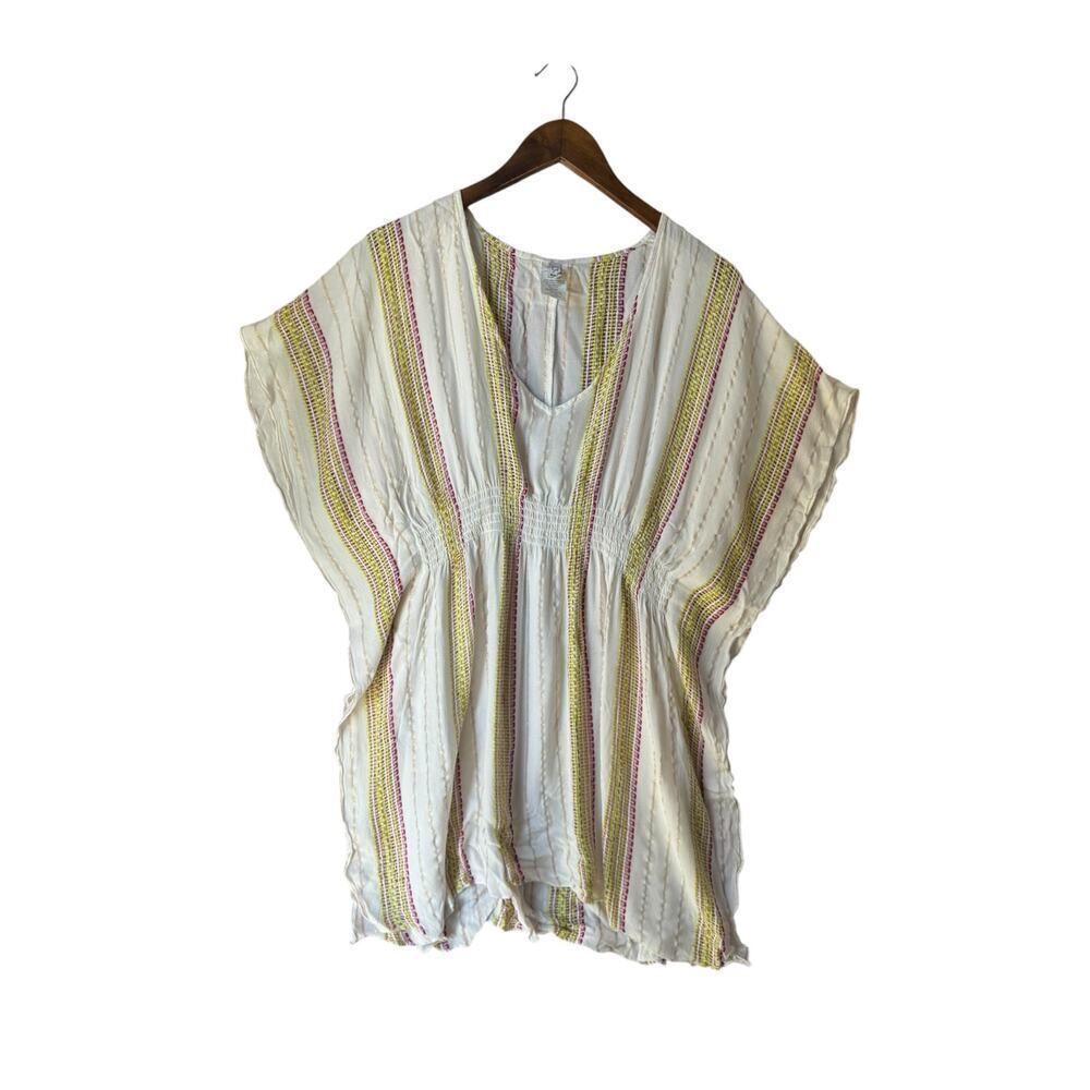 Becca Rayon Metallic Tunic Top‎ Striped Boho Peasant Blouse White Multi M